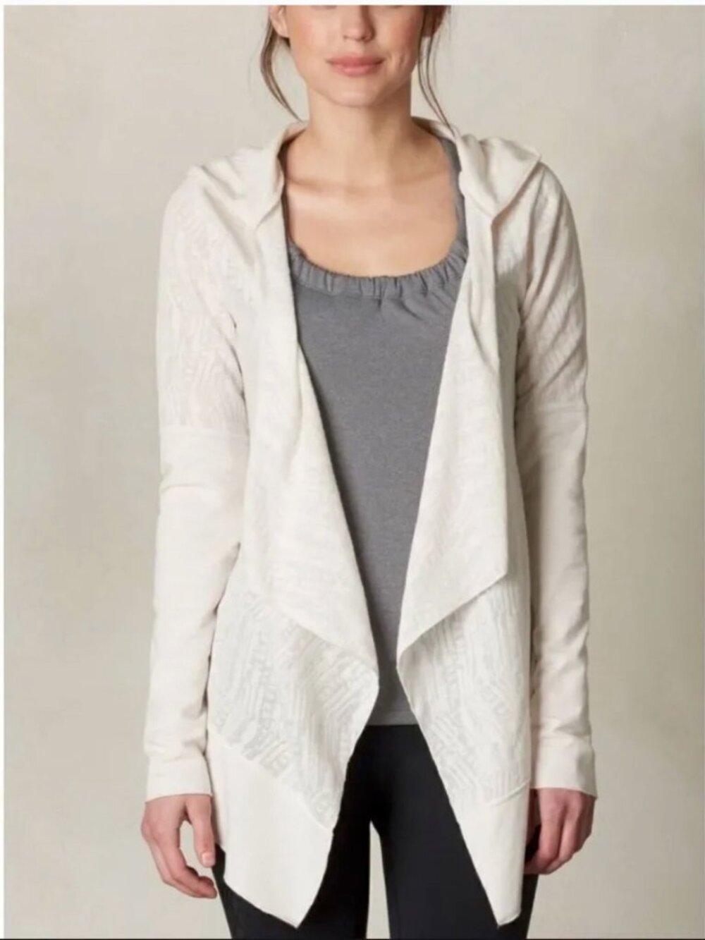 prAna Women’s Graceful Wrap Cream Lightweight Hooded Draped Cardigan-Size M